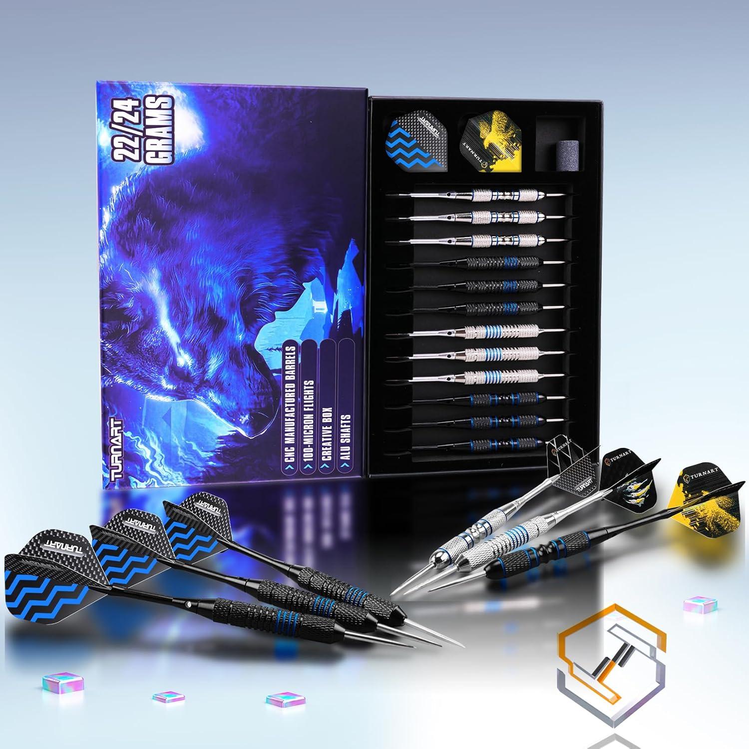 Turnart Dartpfeile Metallspitze 12 Stück Profi Steeldarts Blau Case