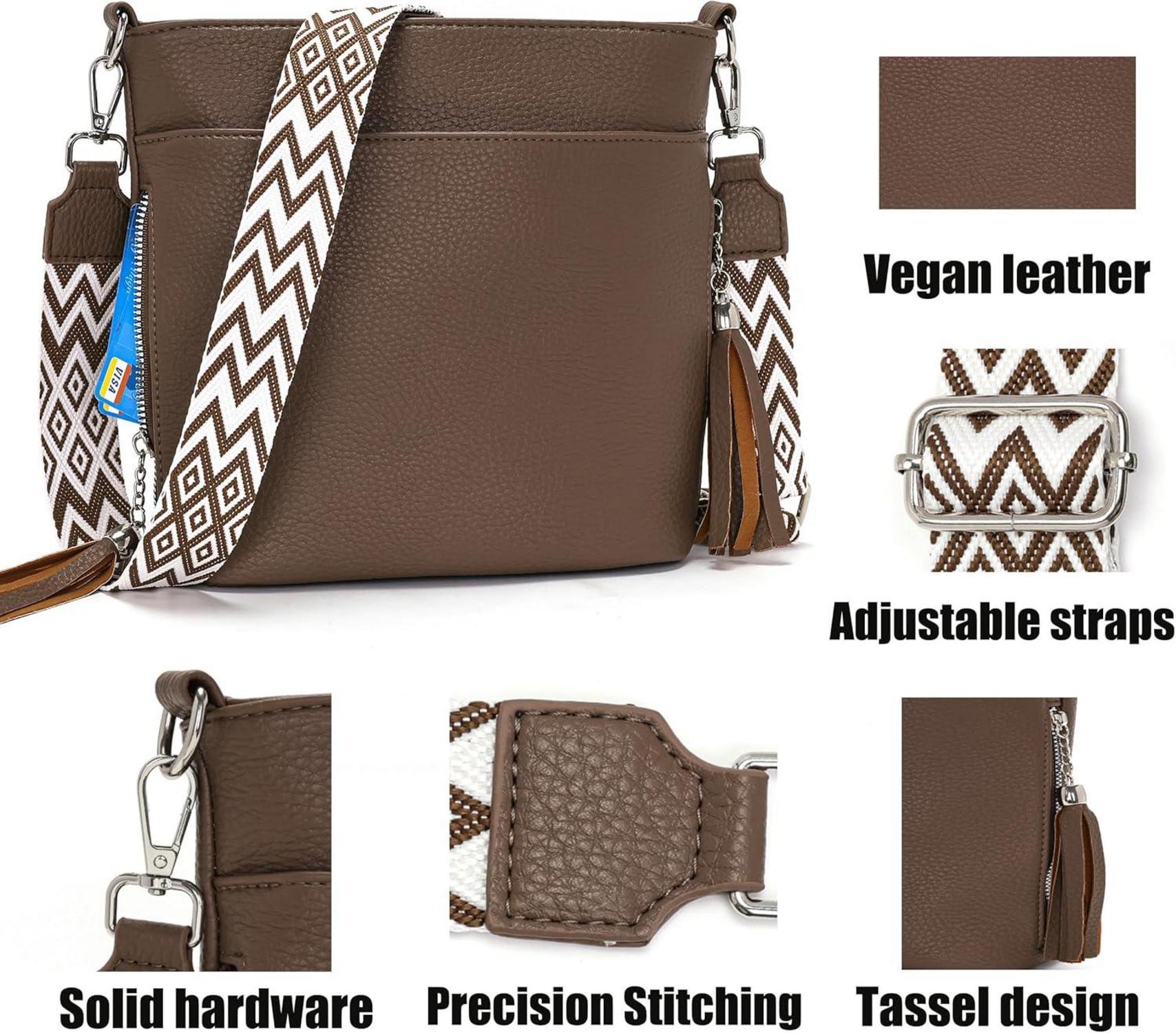 Umhängetasche Damen Mittelgroß Leder PU Tasche mit Breitem Schultergurt Braun 4 Fächer