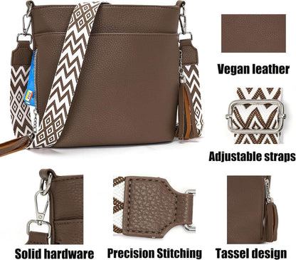 Umhängetasche Damen Mittelgroß Leder PU Tasche mit Breitem Schultergurt Braun 4 Fächer
