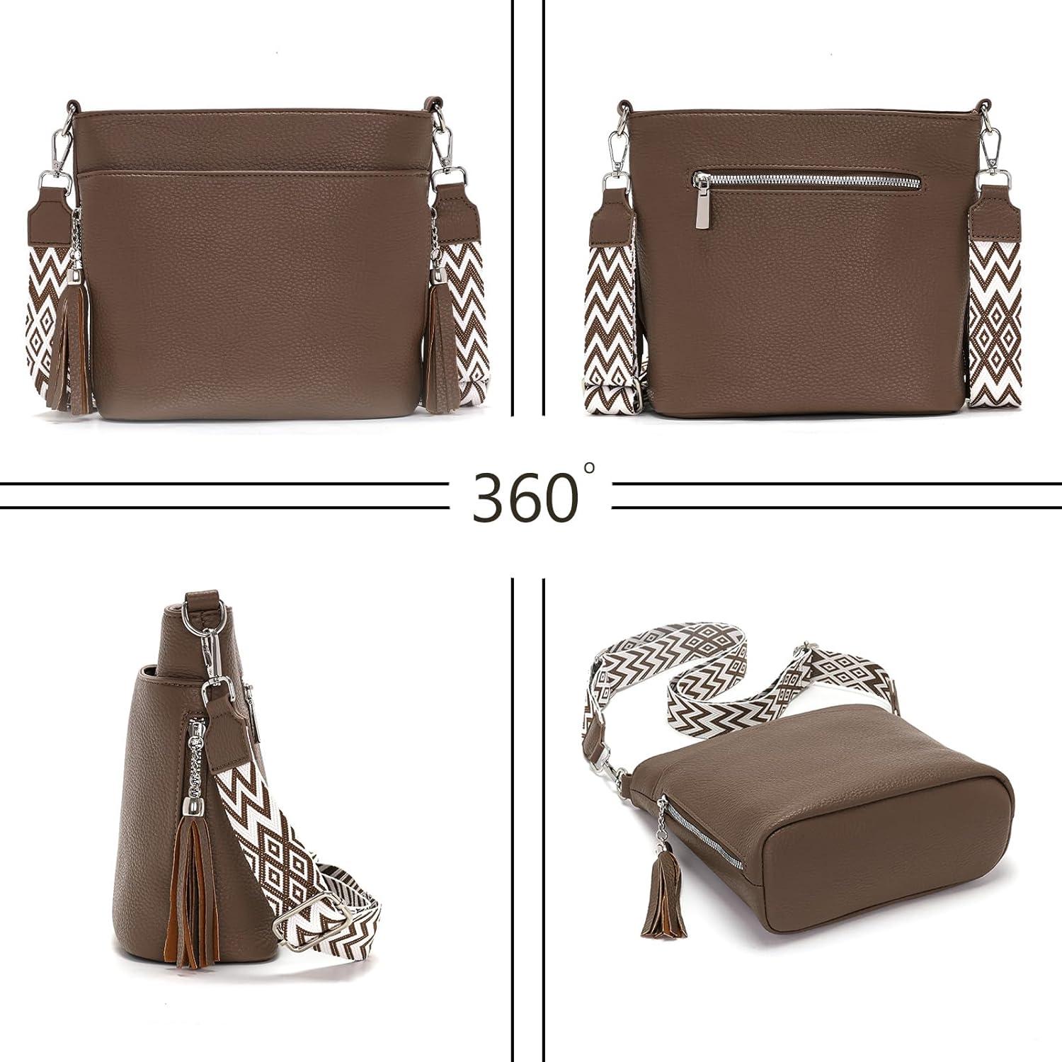Umhängetasche Damen Mittelgroß Leder PU Tasche mit Breitem Schultergurt Braun 4 Fächer