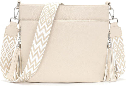 Umhängetasche Damen Leder PU Mittelgroß Beige 4 Fächer