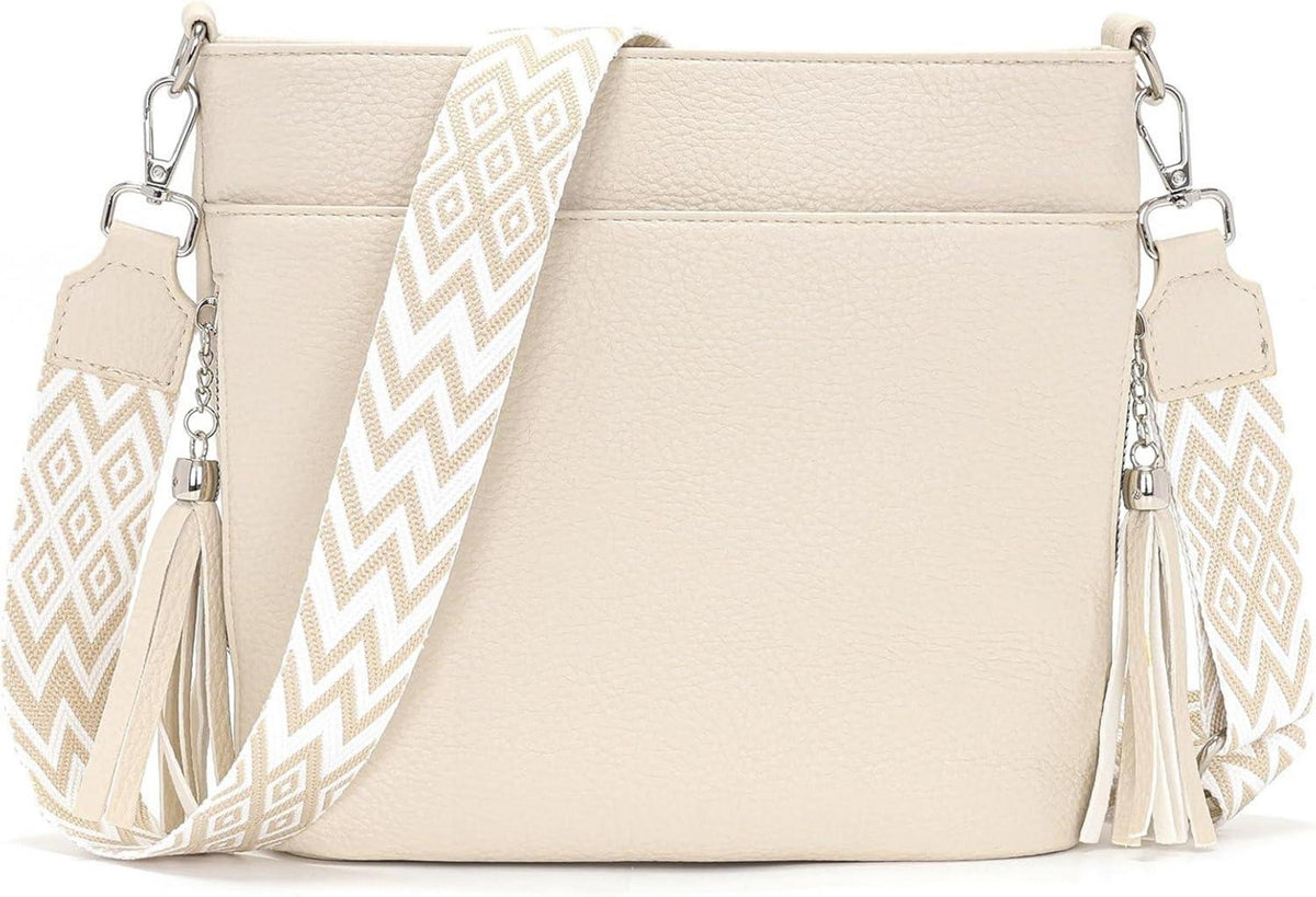 Umhängetasche Damen Leder PU Mittelgroß Beige 4 Fächer