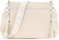 Umhängetasche Damen Leder PU Mittelgroß Beige 4 Fächer