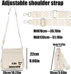 Umhängetasche Damen Leder PU Mittelgroß Beige 4 Fächer