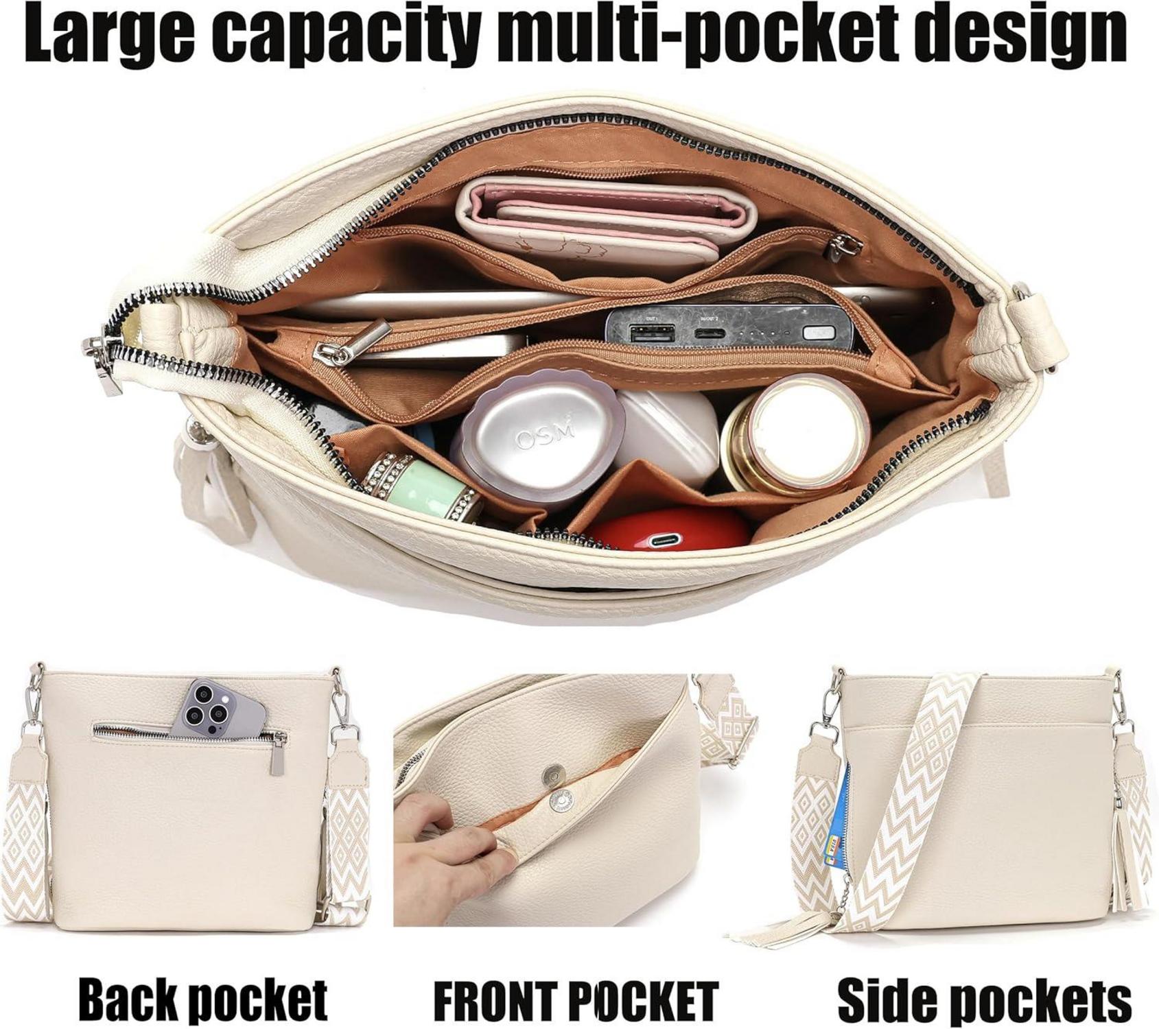 Umhängetasche Damen Mittelgroß Leder PU Breiter Schultergurt Beige