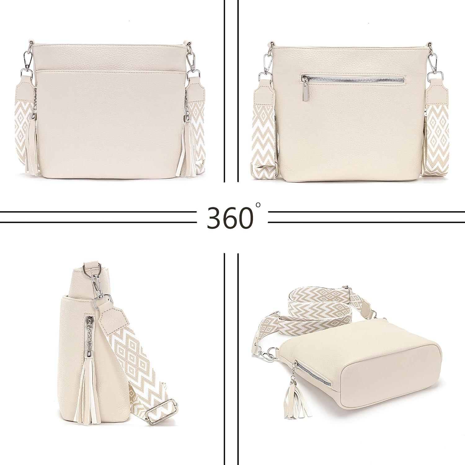 Umhängetasche Damen Mittelgroß Leder PU Breiter Schultergurt Beige