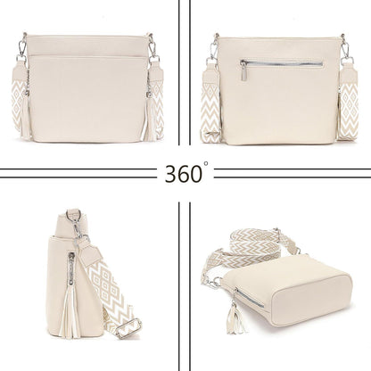 Umhängetasche Damen Mittelgroß Leder PU Breiter Schultergurt Beige