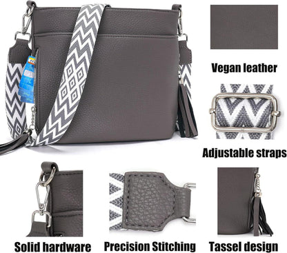 Paigtes Umhängetasche Damen Mittelgroß Leder PU Tasche Breiter Schultergurt Grau