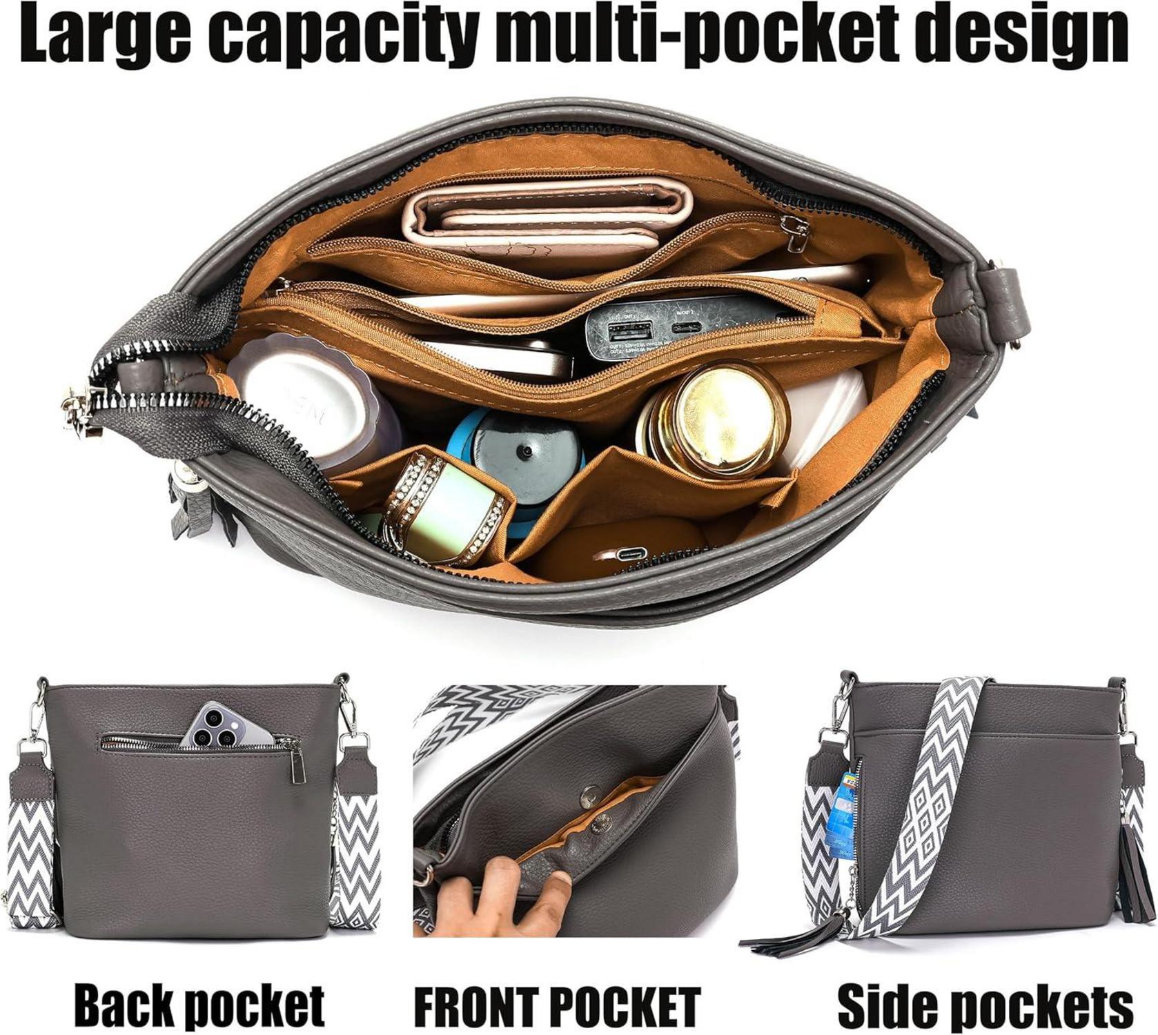 Umhängetasche Damen Mittelgroß Leder PU Tasche Breiter Schulterriemen Gray