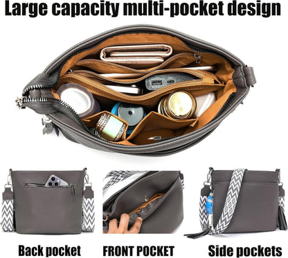 Umhängetasche Damen Mittelgroß Leder PU Tasche Breiter Schulterriemen Gray