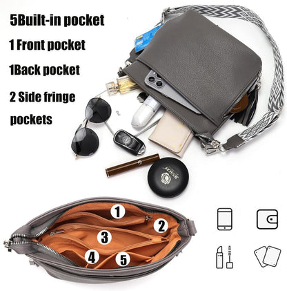 Umhängetasche Damen Mittelgroß Leder PU Tasche mit Breitem