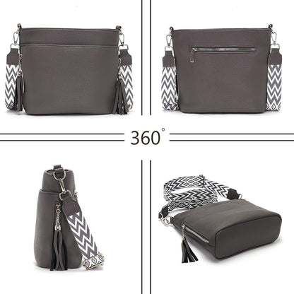 Umhängetasche Damen Mittelgroß Leder PU Tasche Breiter Schulterriemen Gray