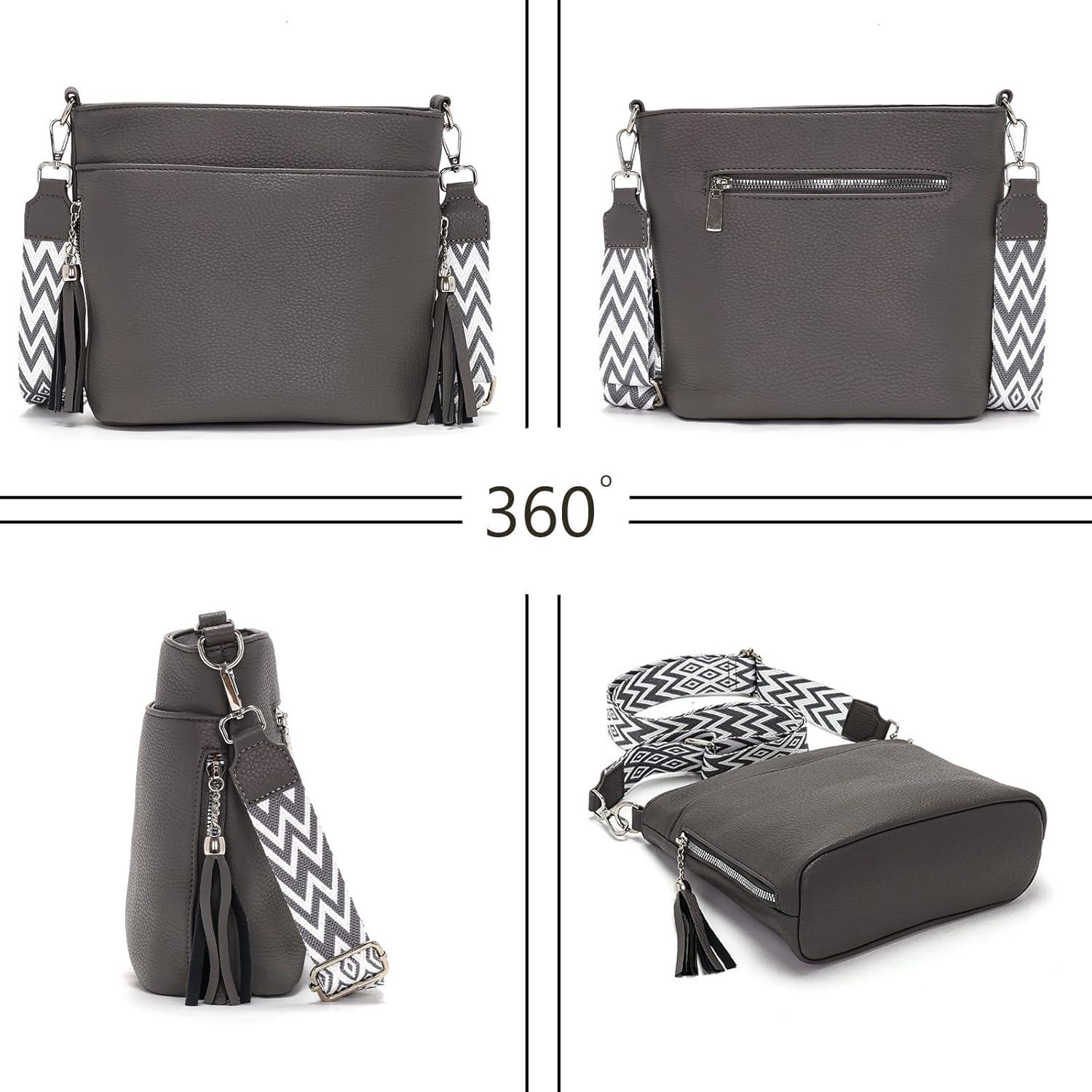 Paigtes Umhängetasche Damen Mittelgroß Leder PU Tasche Breiter Schultergurt Grau