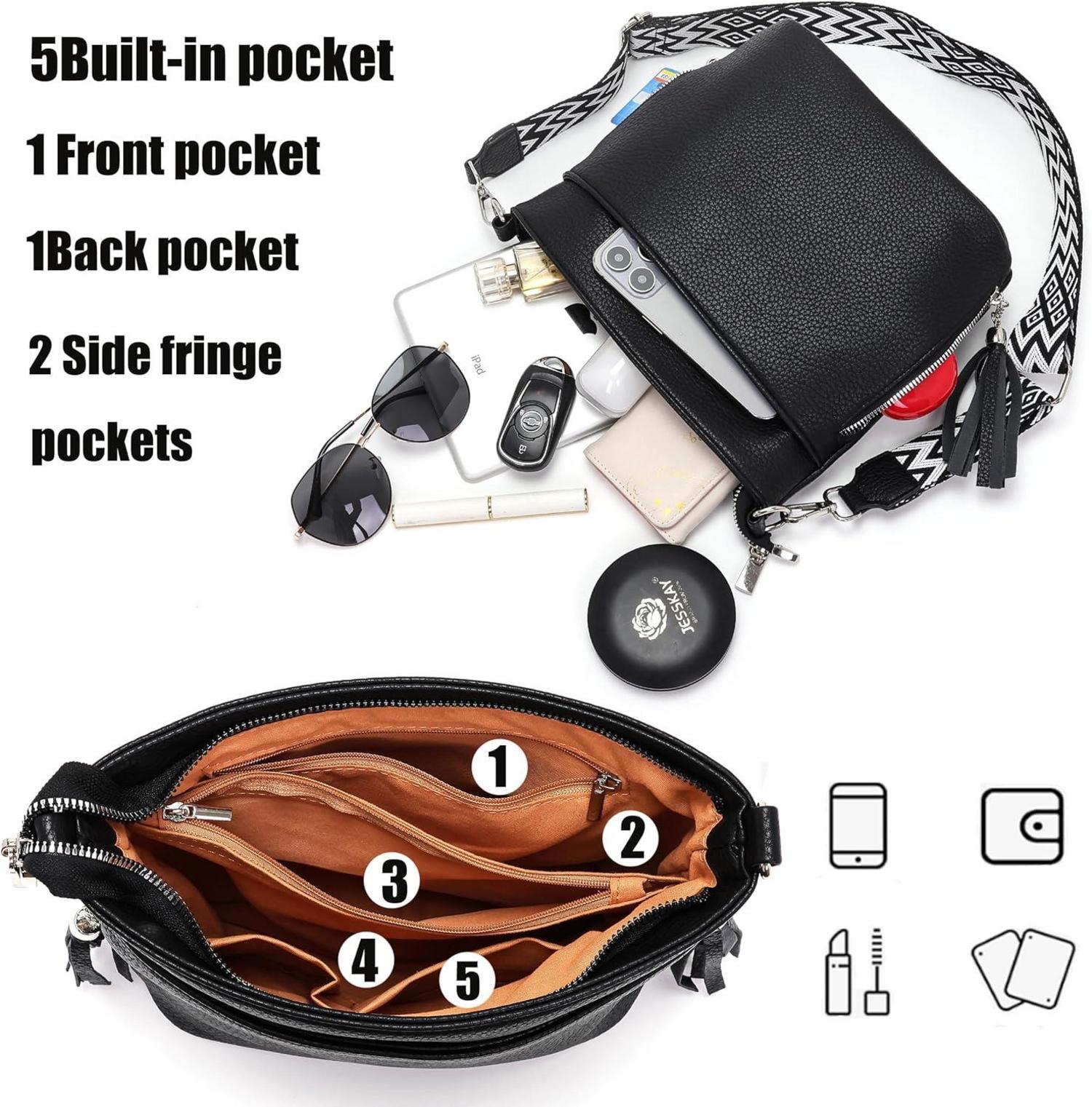 Umhängetasche Damen Leder Mittelgroß Schultertasche Organizer Schwarz