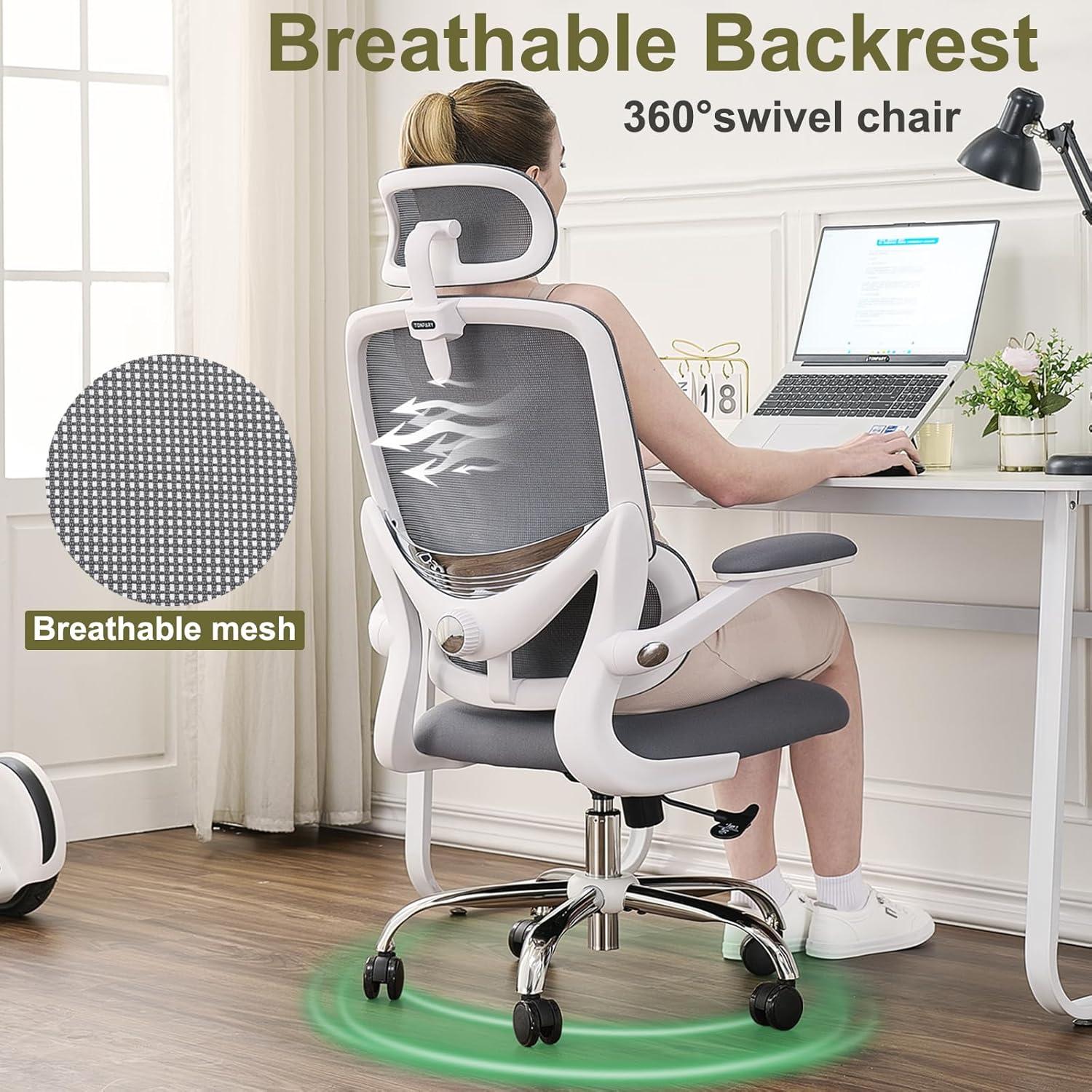 Ergonomischer Bürostuhl mit hoher Rückenlehne, verstellbarer Lendenstütze, klappbaren Armlehnen - Weiß/Grau