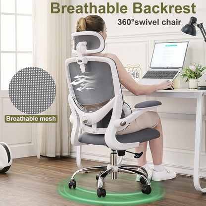 Ergonomischer Bürostuhl mit hoher Rückenlehne, verstellbarer Lendenstütze, klappbaren Armlehnen - Weiß/Grau
