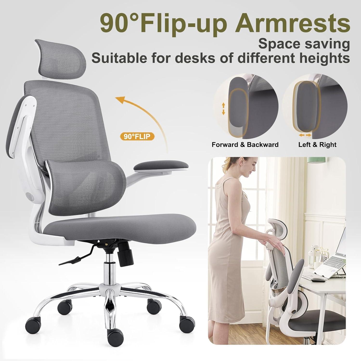 Ergonomischer Bürostuhl mit hoher Rückenlehne, verstellbarer Lendenstütze, klappbaren Armlehnen - Weiß/Grau