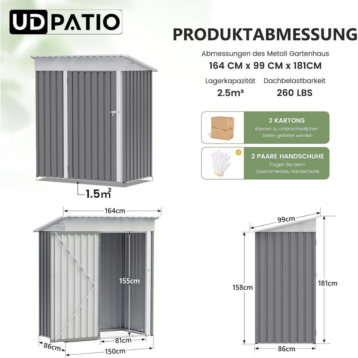 Metall Gartenhaus 1,5m² Pultdach – 162x92x180 cm