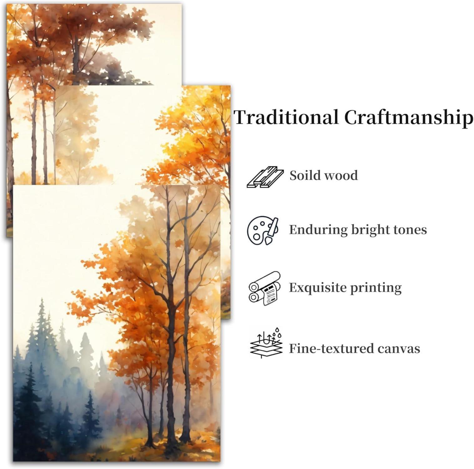 Aquarell Wald Leinwand Bilder Set 40cm x 58cm x 3 - Gold Natur Herbst Schlafzimmer Badezimmer Büro