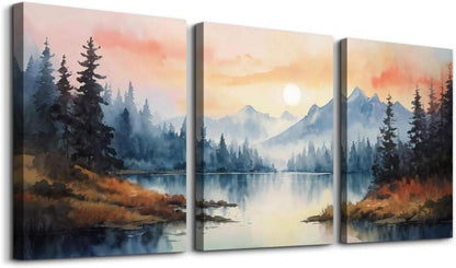 Aquarell Wald Leinwand Bilder Set Sonnenuntergang Wandbilder
