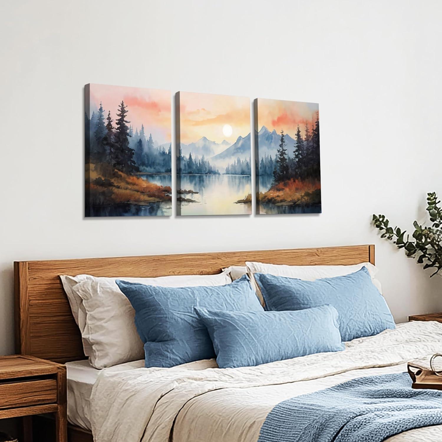 Aquarell Wald Leinwand Bilder Set Sonnenuntergang