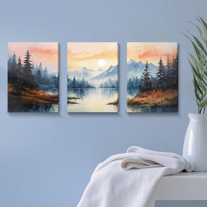 Aquarell Wald Leinwand Bilder Set Sonnenuntergang Wandbilder