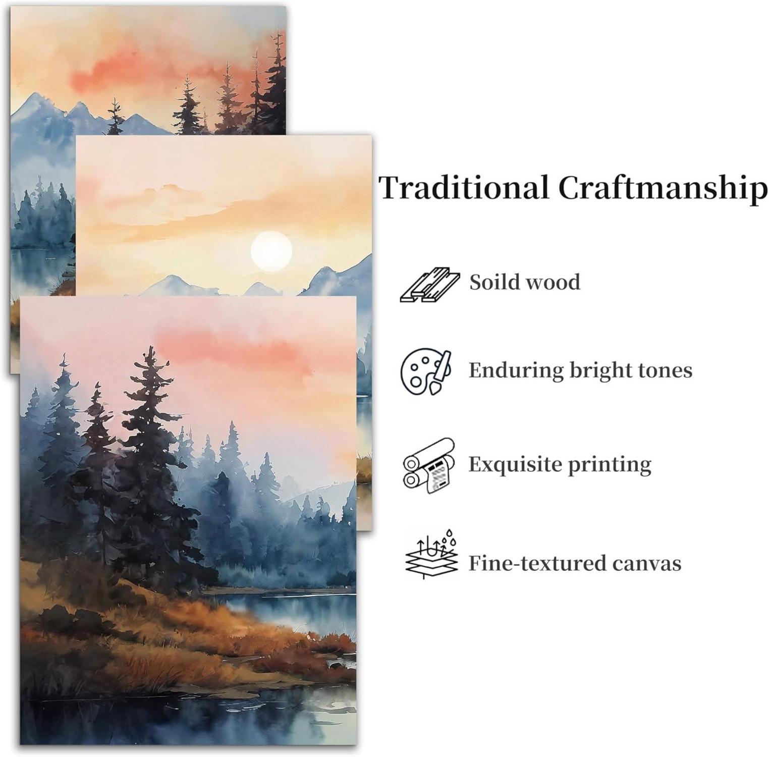 Aquarell Wald Leinwand Bilder Set Sonnenuntergang Seewasser Herbst Landschaft 40cm x 58cm x 3