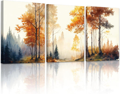 Aquarell Nebel Wald Leinwandbilder Set Wohnzimmer Natur Landschaft in