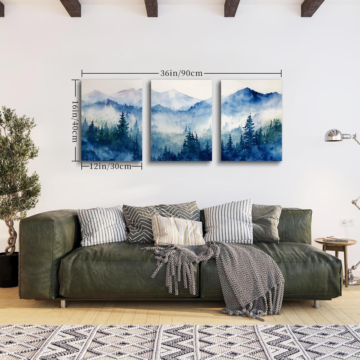 Aquarell Wald Leinwand Bilder Set Blau Grün Moderne Landschaft 30x40cm 3er