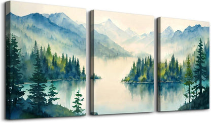 Aquarell Blaugrün Wald Leinwand Bilder Set Wohnzimmer Schlafzimmer
