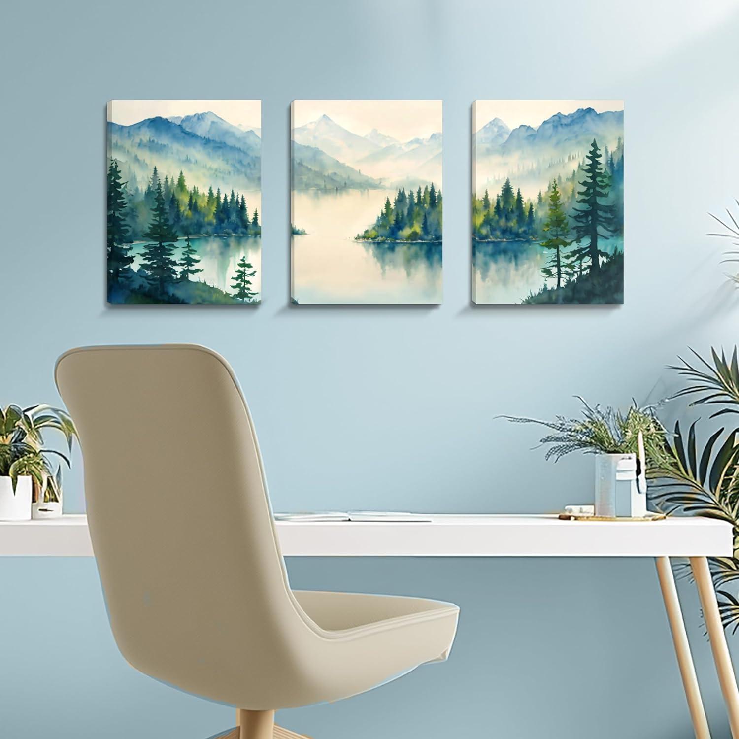 Aquarell Blaugrün Wald Leinwand Bilder Set Wohnzimmer Schlafzimmer