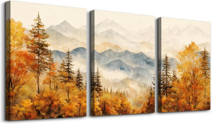 Gold Aquarell Wald Bilder Set Herbst Berglandschaft 30cm x 40cm x 3