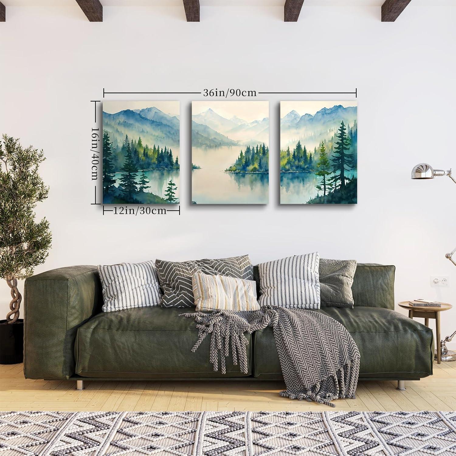 Aquarell Wald Leinwand Bilder Set Blaugrün Natur Wanddekoration 30cm x 40cm x 3