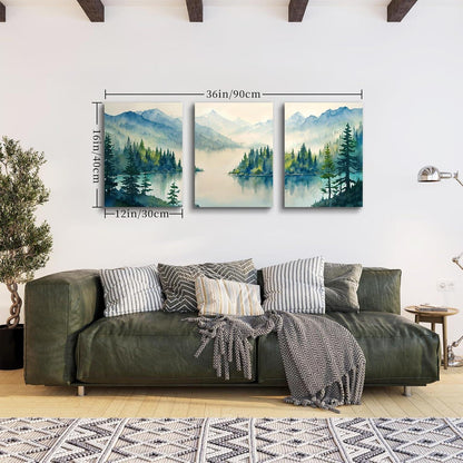 Aquarell Wald Leinwand Bilder Set Blaugrün Natur Wanddekoration 30cm x 40cm x 3