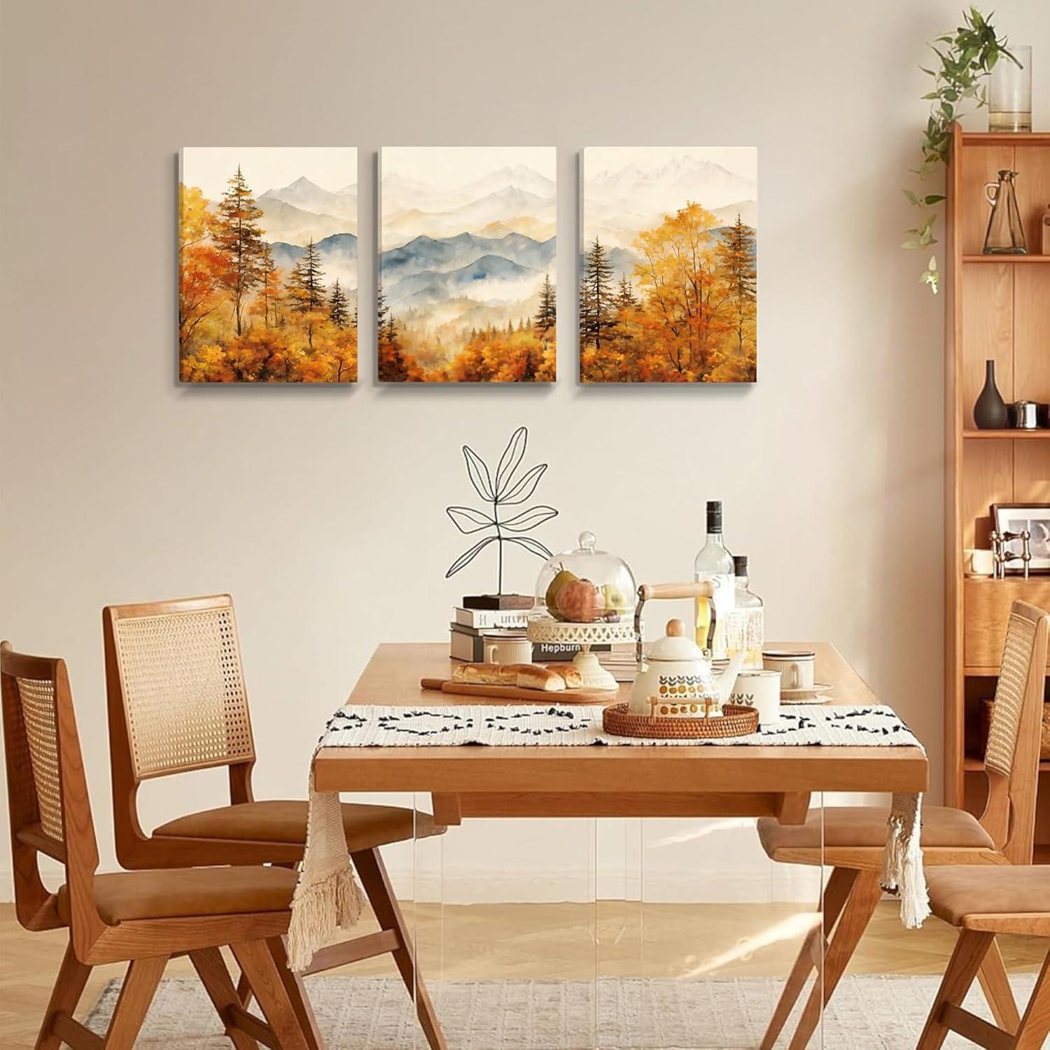 Aquarell Wald Leinwand Bilder Set Herbst Berglandschaft 40cm