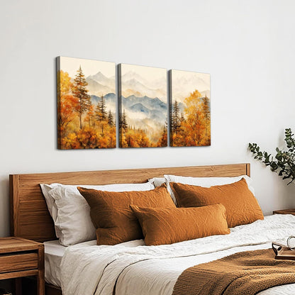 Aquarell Wald Landschaft Leinwand Bilder Set Herbst Bergkette 40cm x