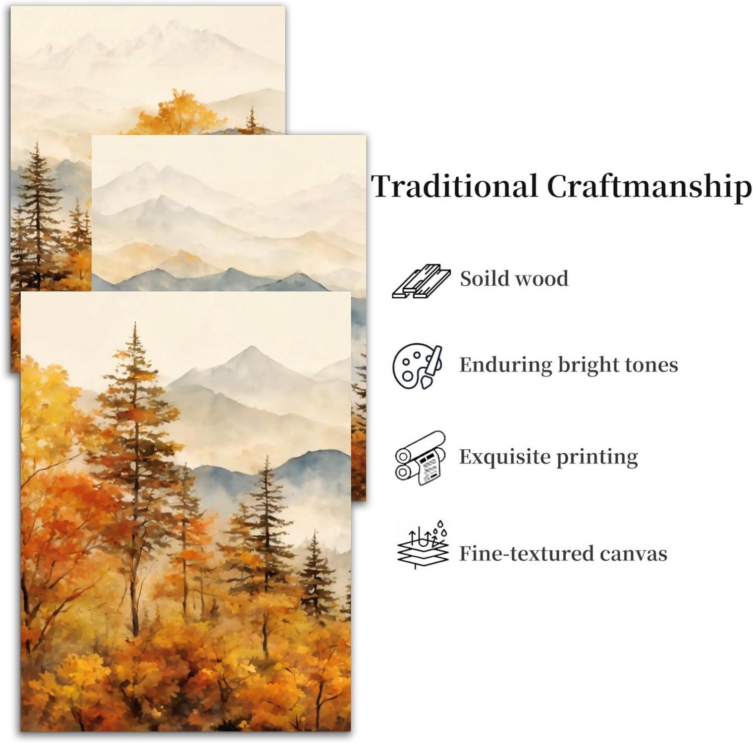 Aquarell Wald Leinwand Bilder Set Herbst Bergkette Schlafzimmer Wandbild Gelb 40cm x 58cm x 3