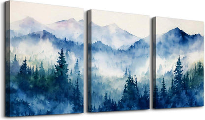 Aquarell Wald Leinwand Bilder Set Blau Grün Berg Landschaft