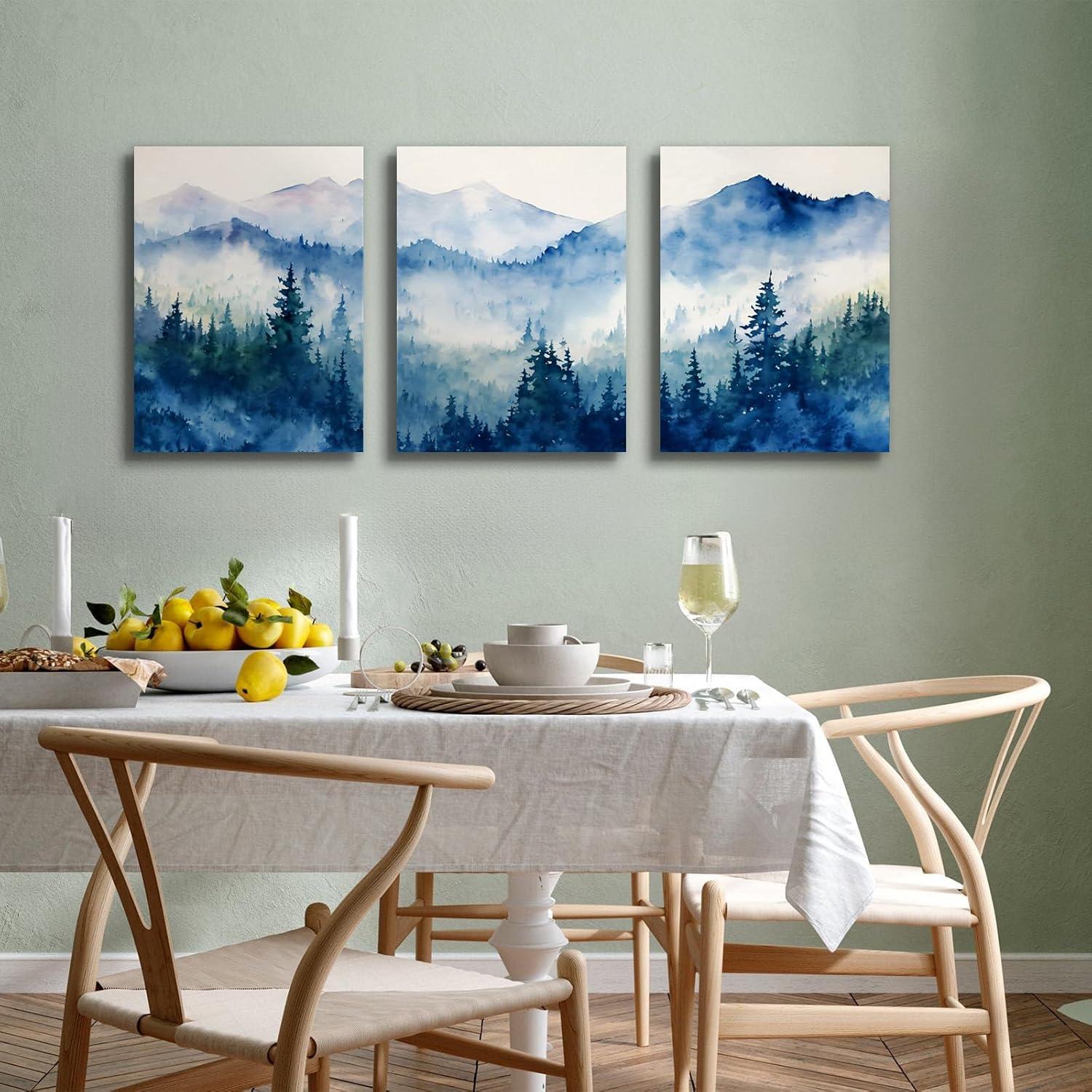 Aquarell Wald Leinwand Bilder Set Blau Grün Berg Landschaft