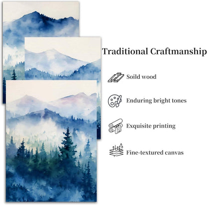 Aquarell Wald Leinwand Set Blau Nebel Landschaftsbild 40cm x 58cm x 3