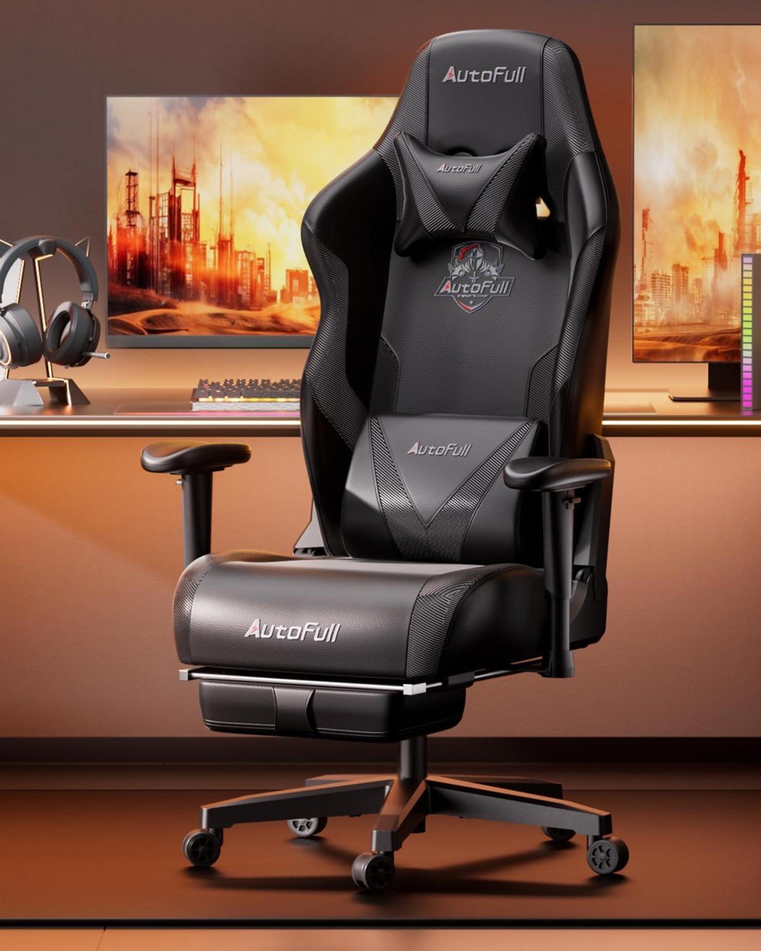AutoFull C3 Gaming-Stuhl PU-Leder Schwarz Lordose Fußstütze
