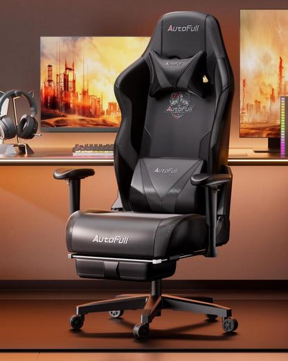 AutoFull C3 Gaming-Stuhl PU-Leder Schwarz Lordose Fußstütze