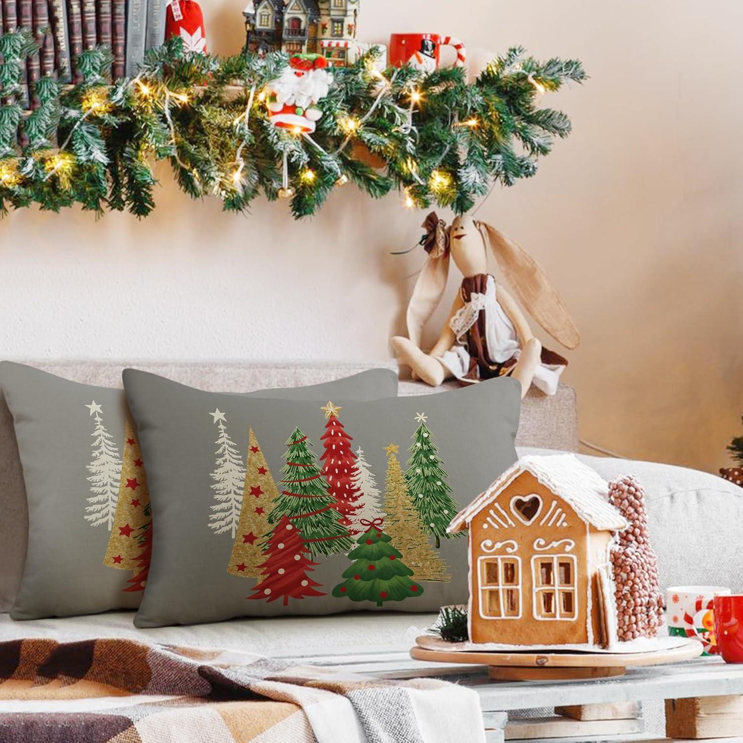 Kissenbezug Weihnachten 30x50 Leinen 2er Set für Sofa Couch