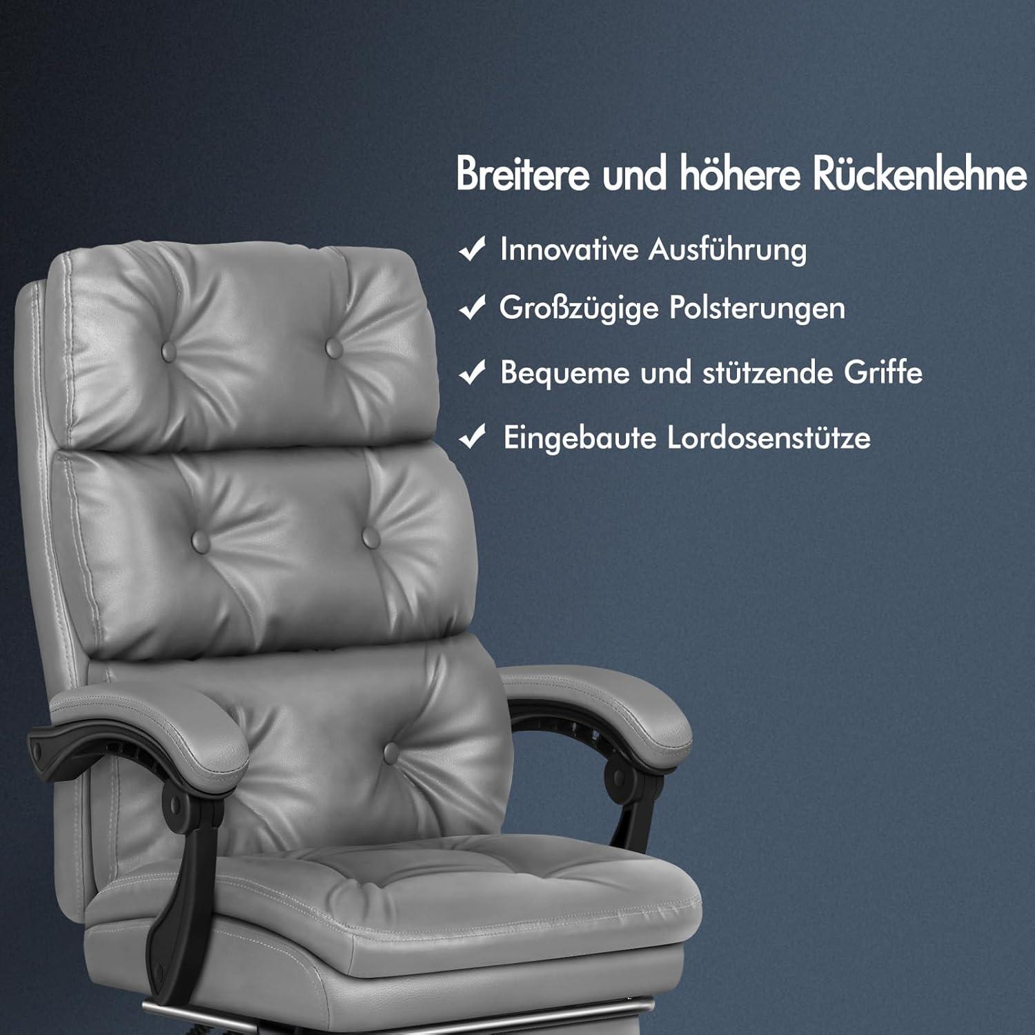 ALFORDSON Bürostuhl mit hoher Rückenlehne und Fußstütze, PU-Leder Grau