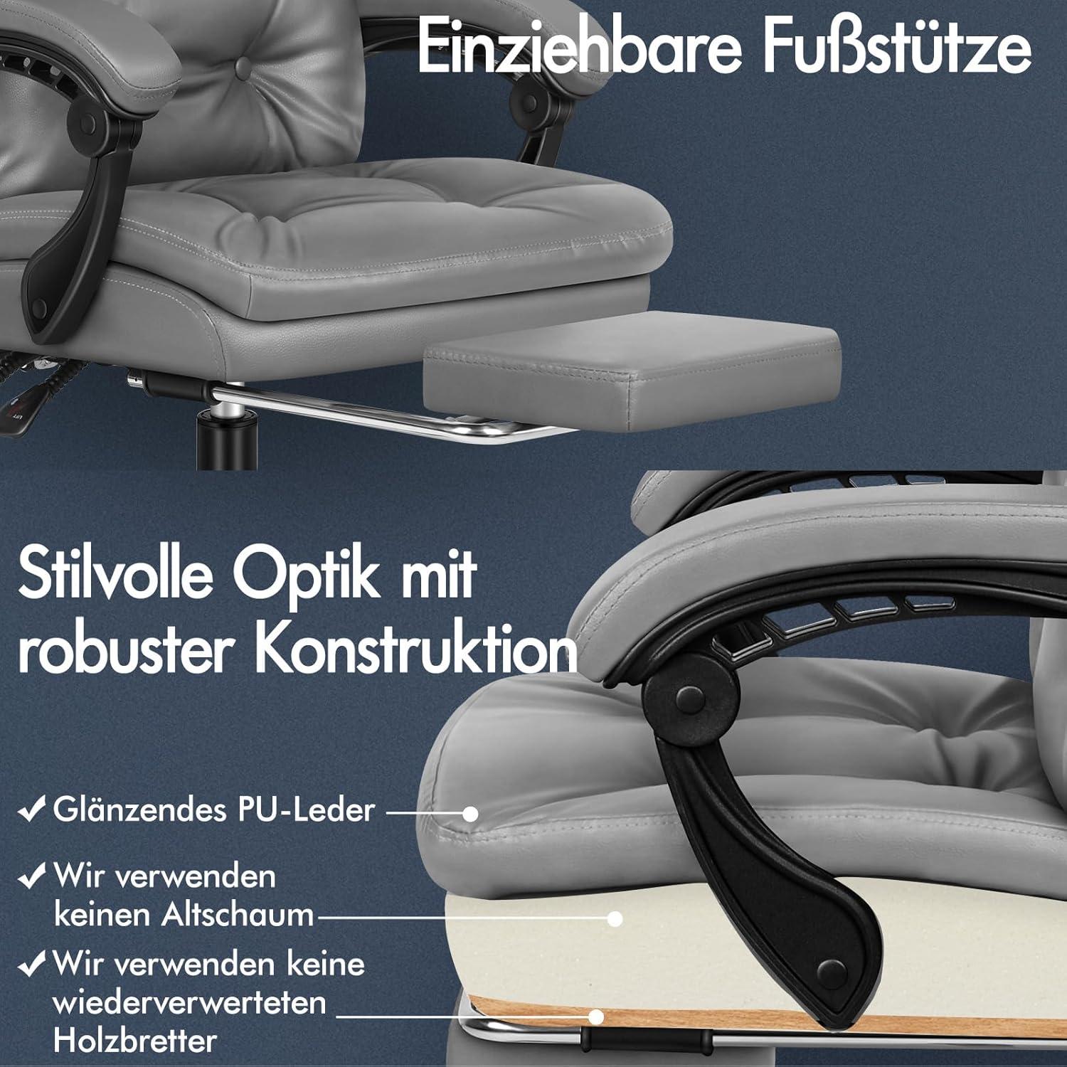 Ergonomischer Bürostuhl mit hoher Rückenlehne & Fußstütze, 150° Neigung
