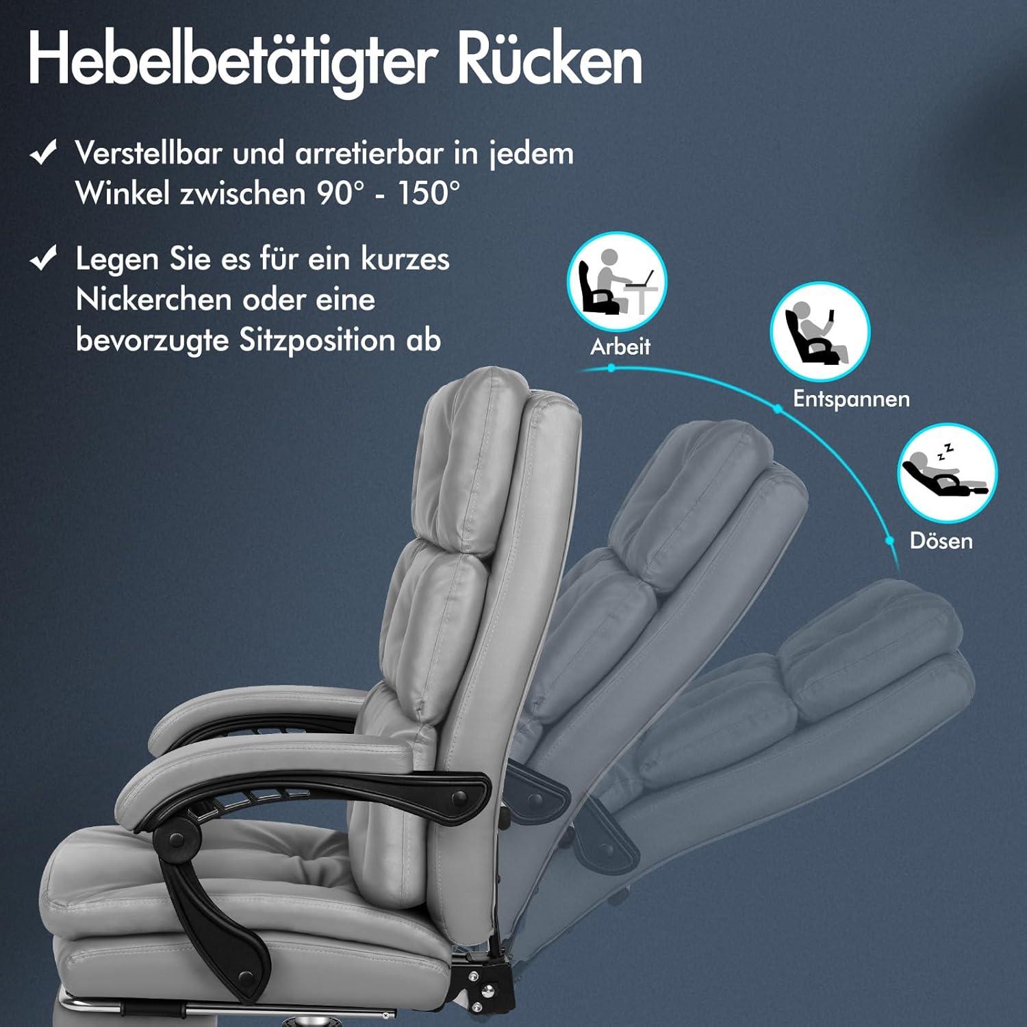 Bürostuhl mit hoher Rückenlehne, Neigung und Fußstütze, PU-Leder Grau