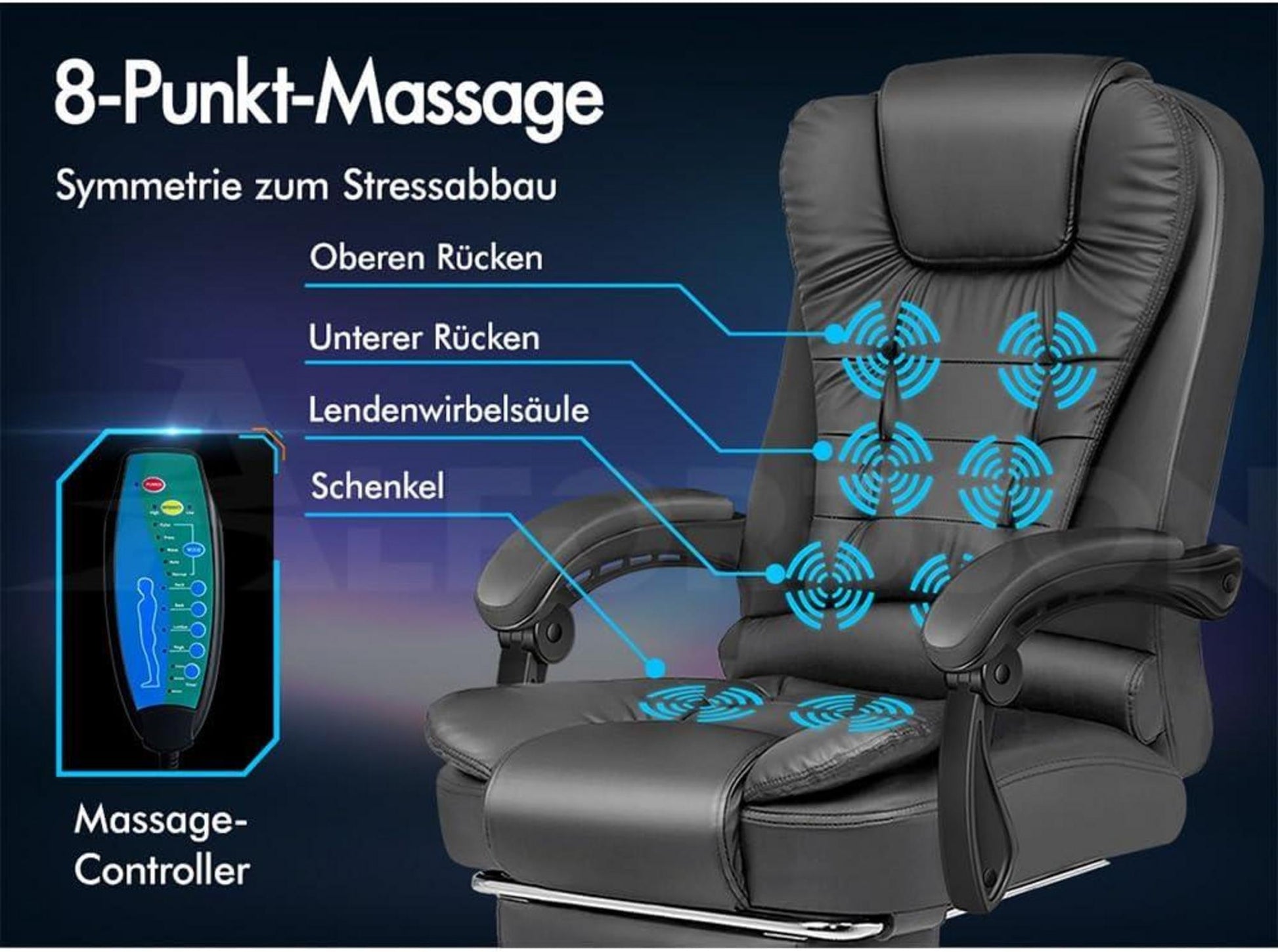 Ergonomischer Bürostuhl mit Wärmemassagefunktion und Rollen, Grau