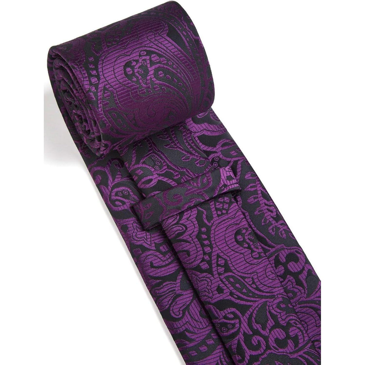 Krawatten-Set Herren: Krawatte, Einstecktuch, Manschettenknöpfe, Krawattenklammer Violett/Schwarz