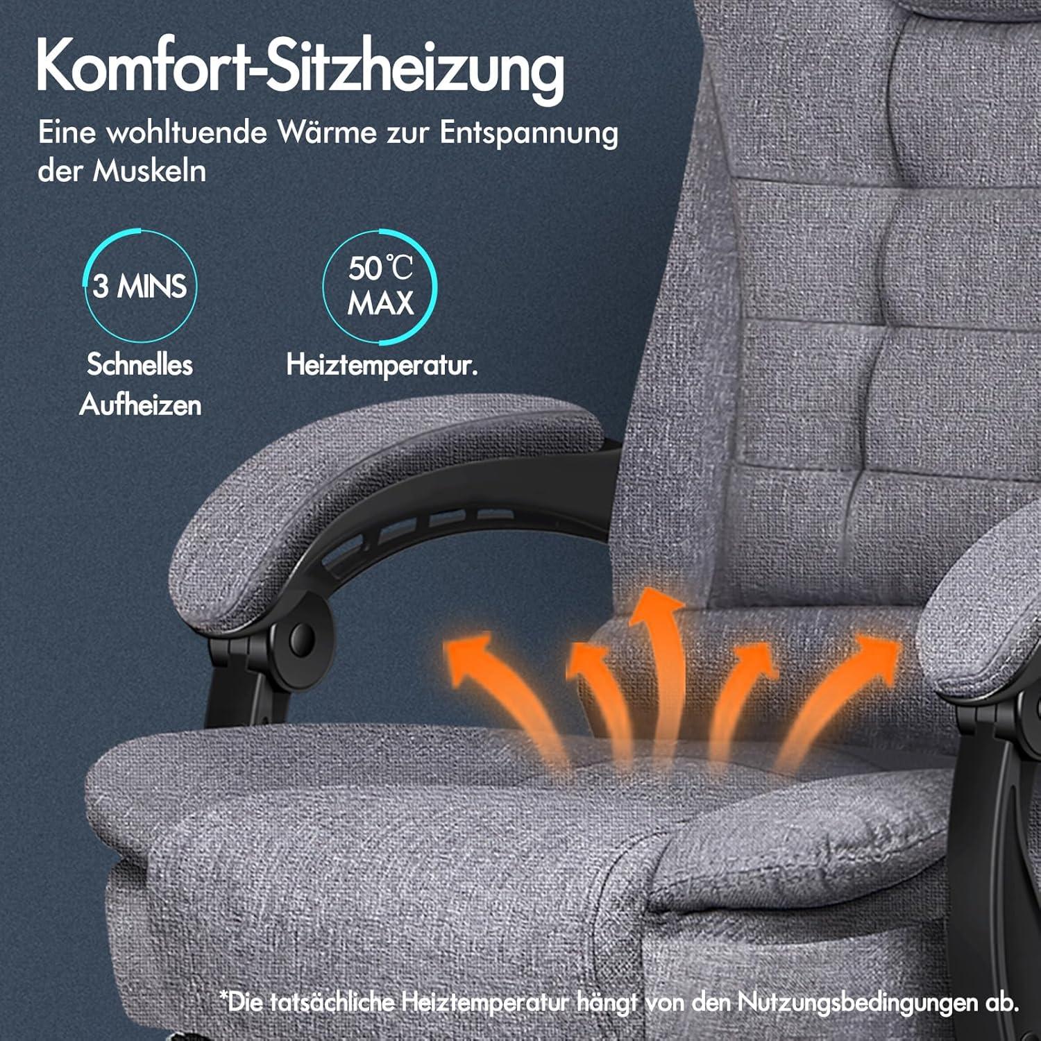 Ergonomischer Bürostuhl mit Wärmemassagefunktion, Leinenstoff, Grey