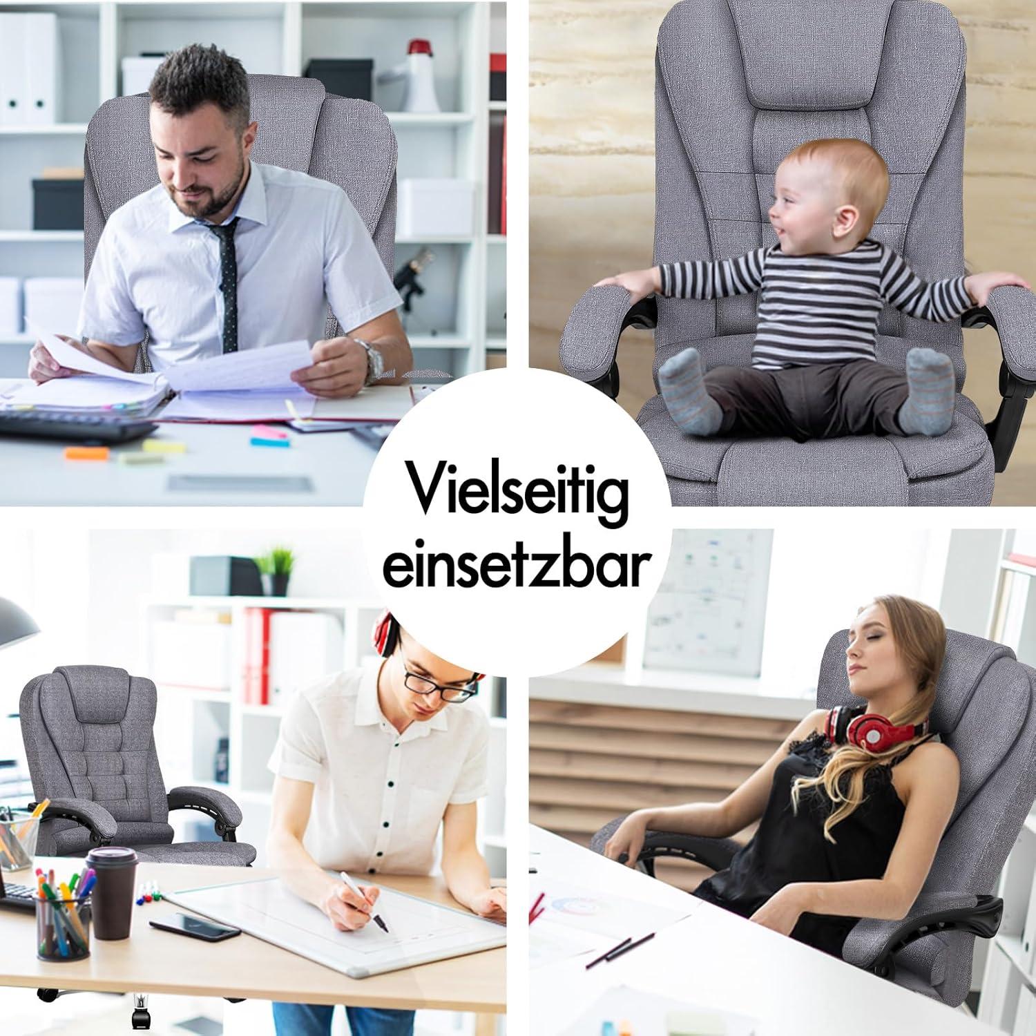 Ergonomischer Bürostuhl mit Wärmemassagefunktion, Leinenstoff, Grey